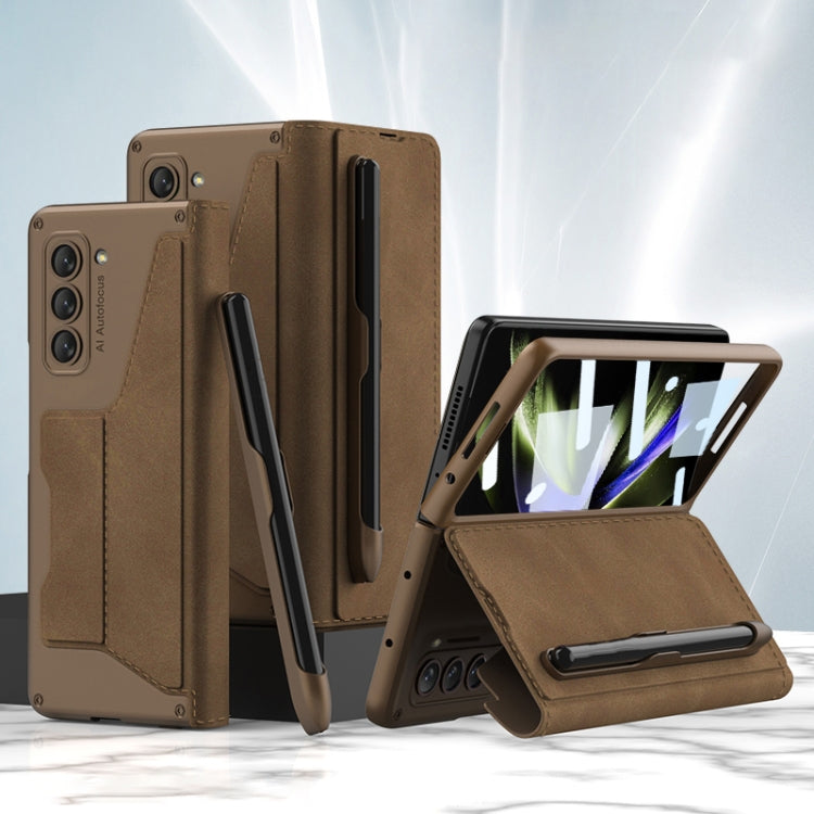 Samsung Galaxy Z Fold5 5G GKK Tempered Glass Film Armor Flip Leather Case with Pen Slot (Brown)