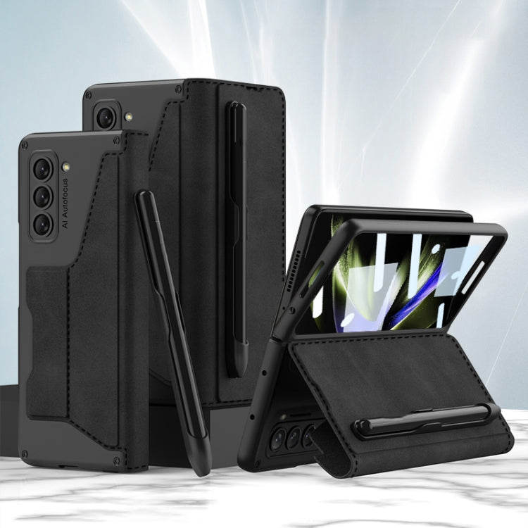 GKK Screen Tempered Glass Film Armor Flip Leather Case with Pen Slot for Samsung Galaxy Z Fold5 5G (Black)