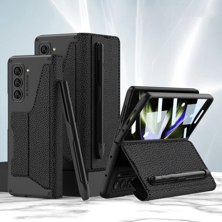 Samsung Galaxy Z Fold5 5G GKK Tempered Glass Screen Protector and Leather Flip Case with Pen Slot (Litchi Texture)