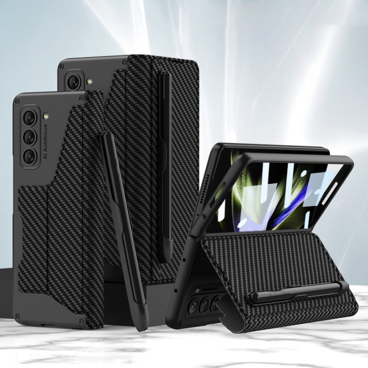 Samsung Galaxy Z Fold5 5G GKK Carbon Fiber Flip Case with Tempered Glass Screen Protector and Pen Slot