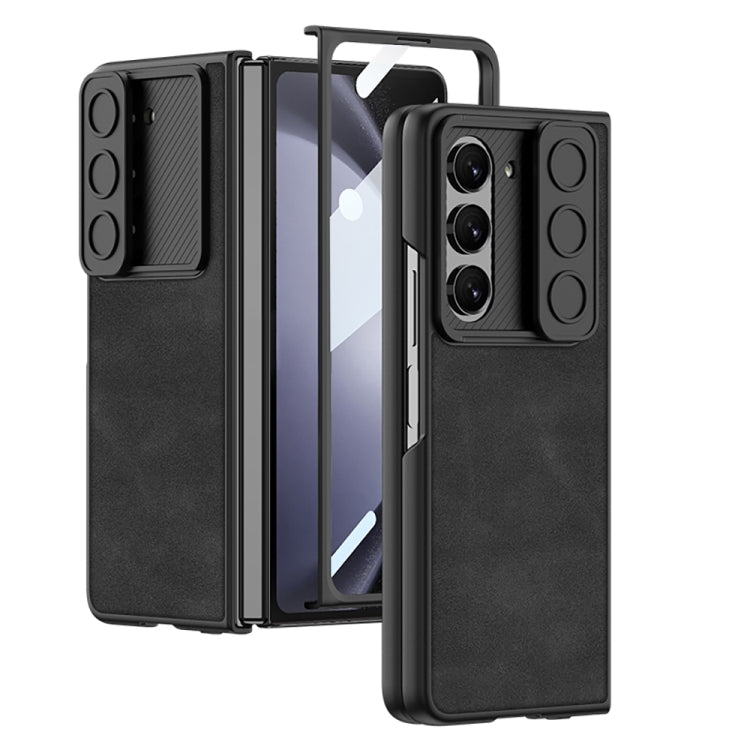 Samsung Galaxy Z Fold5 Black Leather Phone Case with Sliding Camshield