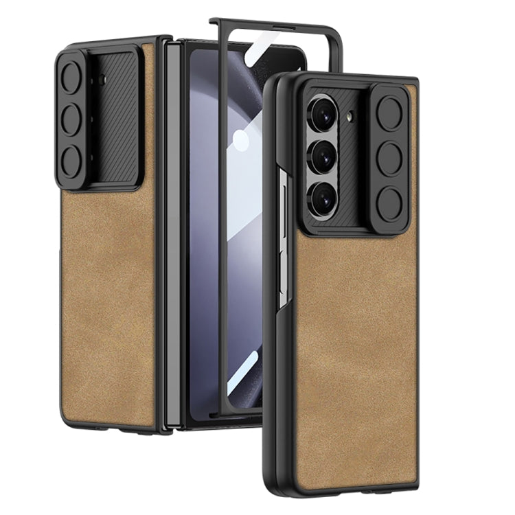 GKK Integrated Ultra-thin Sliding Camshield Leather Phone Case for Samsung Galaxy Z Fold5 - Brown
