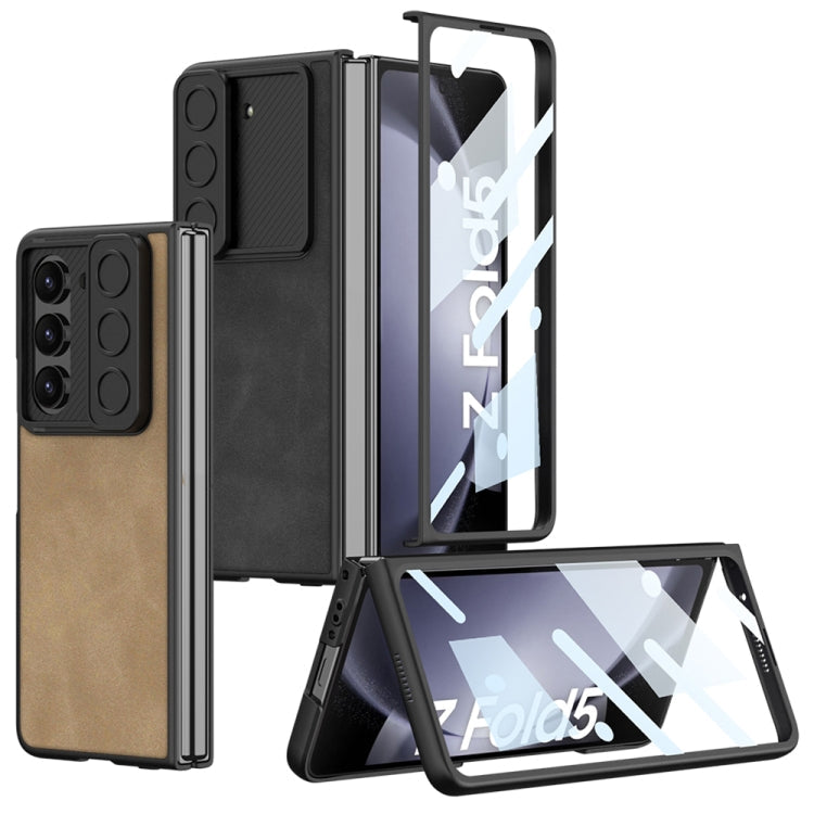 GKK Integrated Ultra-thin Sliding Camshield Leather Phone Case for Samsung Galaxy Z Fold5 - Brown
