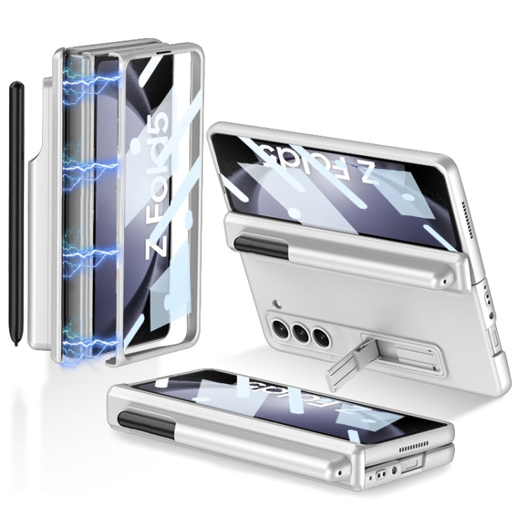 Silver Magnetic Full Coverage Phone Flip Case for Samsung Galaxy Z Fold5 with Pen Holder