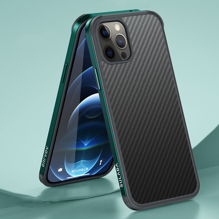 Luxury 3D Carbon Fiber Textured Metal + TPU Frame Phone Case for iPhone 13 Pro (Dark Green)