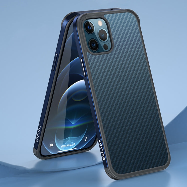 SULADA Luxury 3D Carbon Fiber Textured Metal + TPU Frame Phone Case for iPhone 13 Pro Max (Sea Blue)