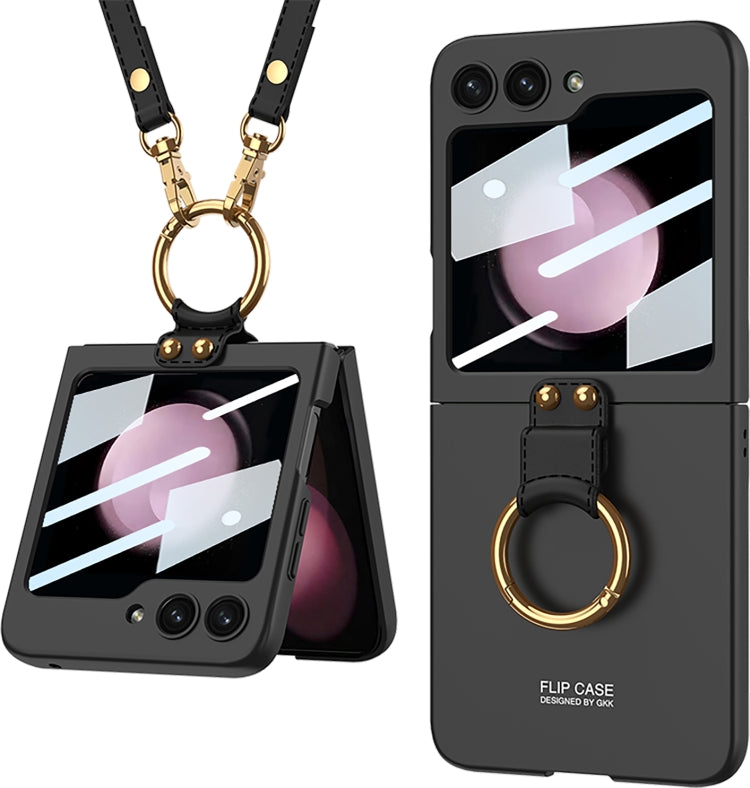GKK Ultra-thin PC Full Coverage Ring Holder Phone Case with Strap for Samsung Galaxy Z Flip5 (Black)