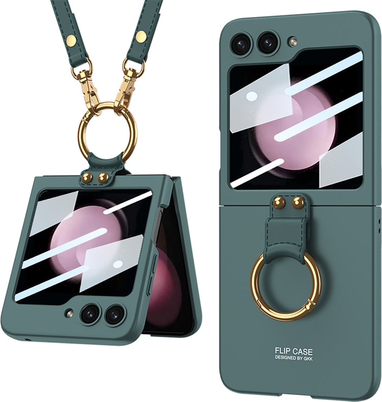 Samsung Galaxy Z Flip5 GKK Ultra-thin PC Full Coverage Ring Holder Phone Case with Strap (Dark Green)