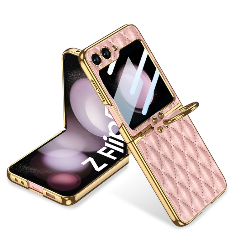 GKK Integrated Plating Diamond Texture PU Phone Case with Ring for Samsung Galaxy Z Flip5 (Pink)