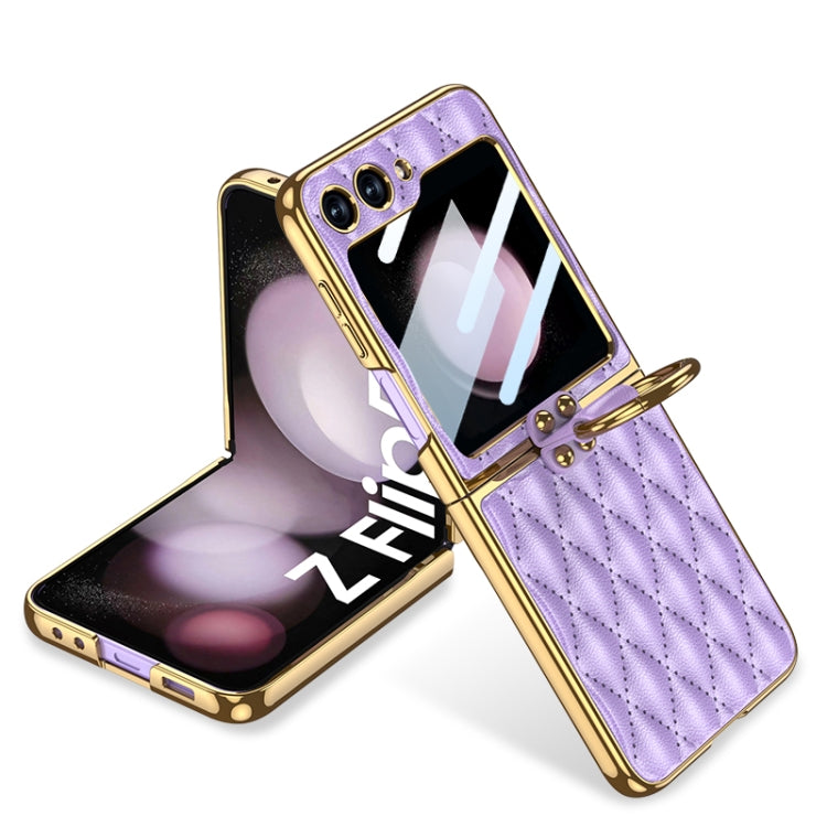 GKK Integrated Plating Diamond Texture PU Phone Case with Ring for Samsung Galaxy Z Flip5 G (Purple)