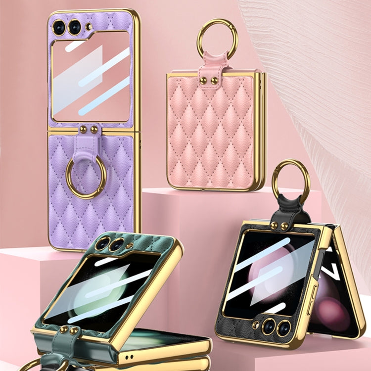 Samsung Galaxy Z Flip5 GKK Green Diamond Texture PU Phone Case with Ring
