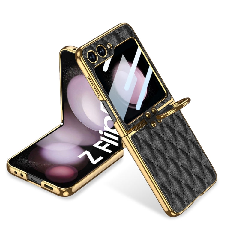 Samsung Galaxy Z Flip5 GKK Integrated Plating Diamond Texture PU Phone Case with Ring (Black)