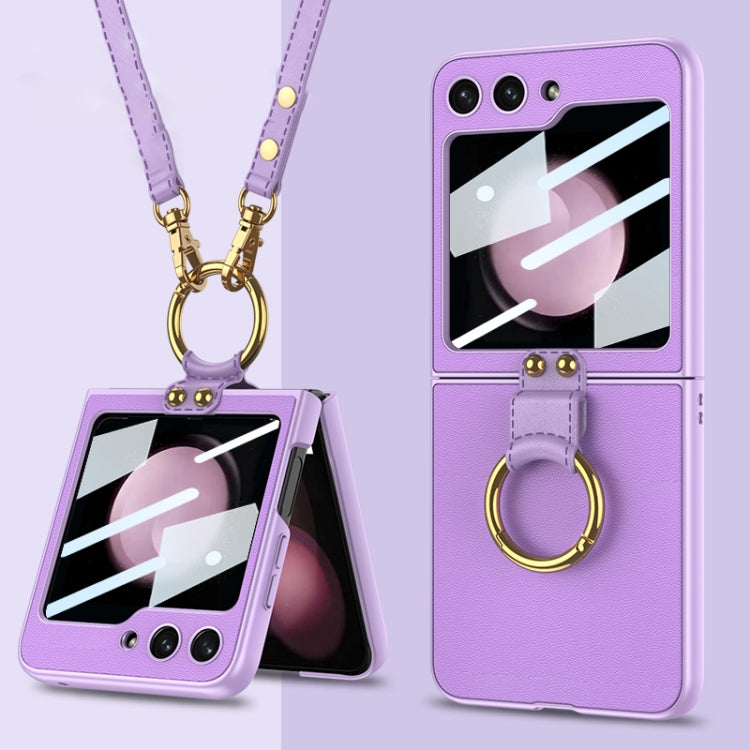 GKK Ultra-thin PC + PU Phone Case with Ring & Strap for Samsung Galaxy Z Flip5 G (Purple)
