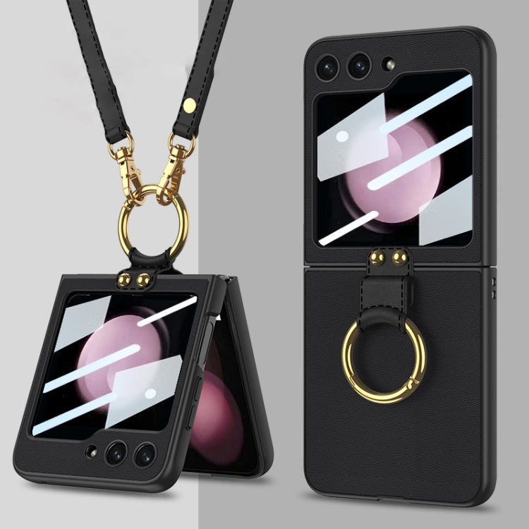 GKK Ultra-thin PC + PU Phone Case with Ring & Strap for Samsung Galaxy Z Flip5 G (Black)