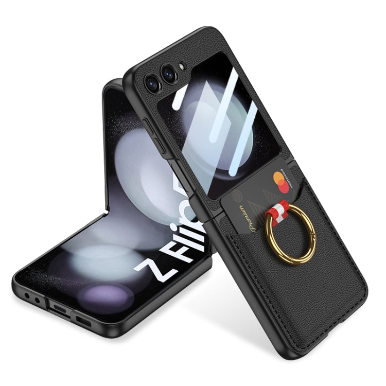 Samsung Galaxy Z Flip5 GKK Integrated Black Phone Case with Ring Holder and Card Pocket
