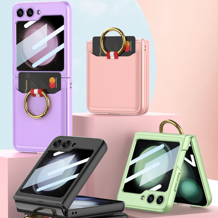Samsung Galaxy Z Flip5 GKK Integrated Black Phone Case with Ring Holder and Card Pocket