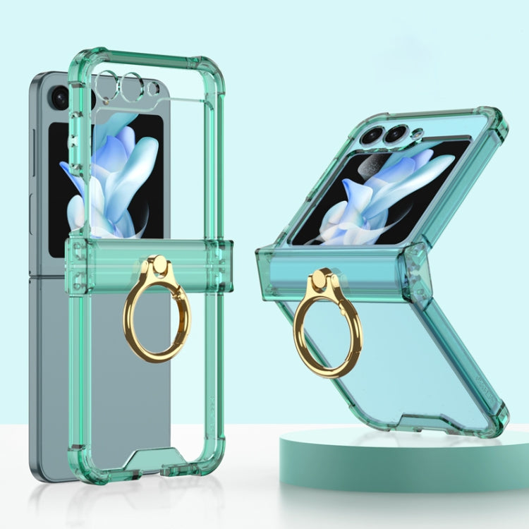 Samsung Galaxy Z Flip5 Gkk Airbag Hinge Silicone Phone Case with Ring Holder (Transparent Green)