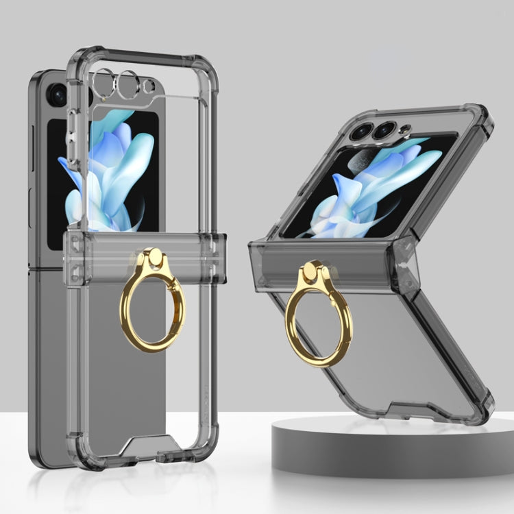 Samsung Galaxy Z Flip5 Gkk Airbag Hinge Silicone Phone Case with Ring Holder - Transparent Black