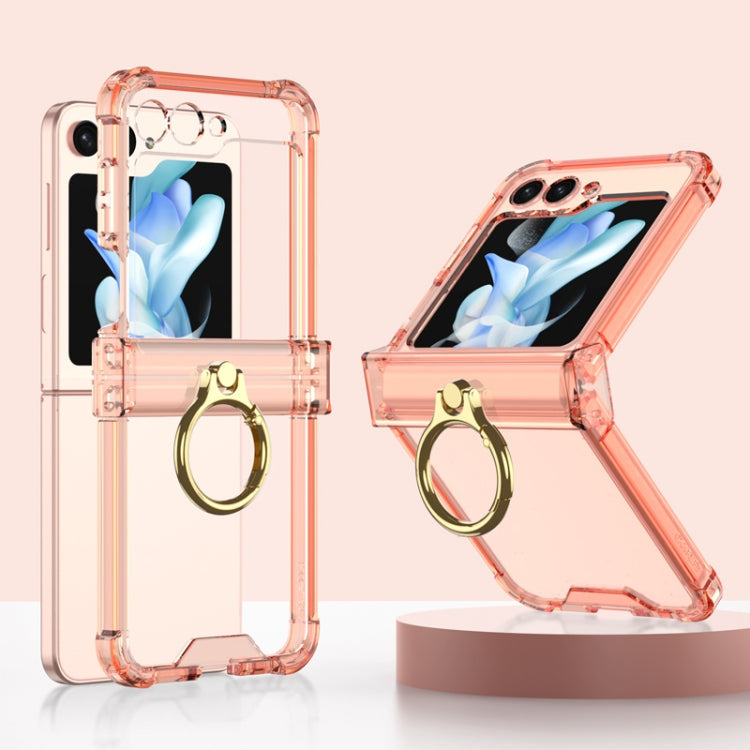 Gkk Airbag Hinge Silicone Phone Case with Ring Holder for Samsung Galaxy Z Flip5 G (Transparent Orange)