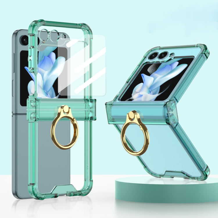 Samsung Galaxy Z Flip5 Gkk Airbag Hinge Silicone Phone Case with Ring Holder & Tempered Film - Transparent Green