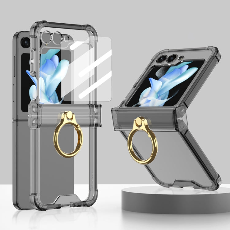 Gkk Airbag Hinge Silicone Phone Case with Ring Holder & Tempered Film for Samsung Galaxy Z Flip5 G (Transparent Black)