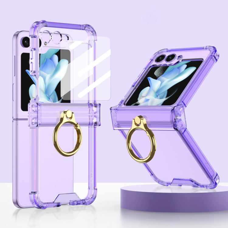 Gkk Airbag Hinge Silicone Phone Case with Ring Holder & Tempered Film for Samsung Galaxy Z Flip5 (Transparent Purple)