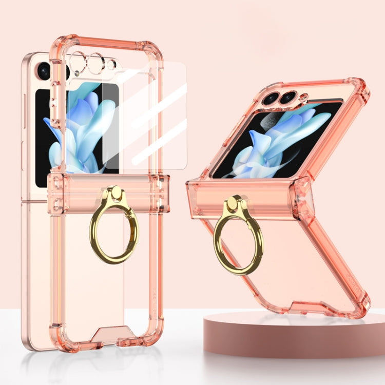 Gkk Airbag Hinge Silicone Phone Case with Ring Holder for Samsung Galaxy Z Flip5G (Transparent Orange)