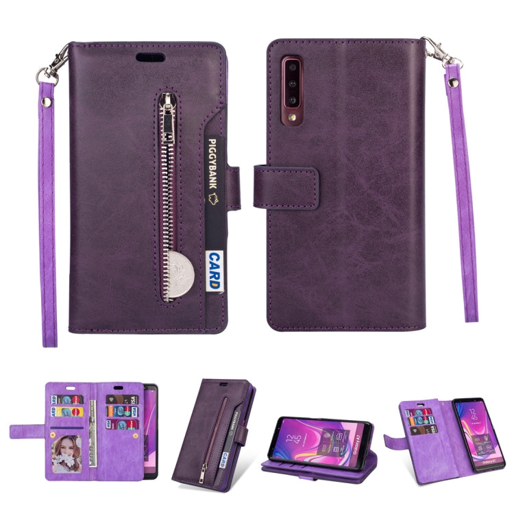 Multifunctional Zipper Flip Leather Case for Samsung Galaxy A7 (2018) with 9 Card Slots & Lanyard - Purple