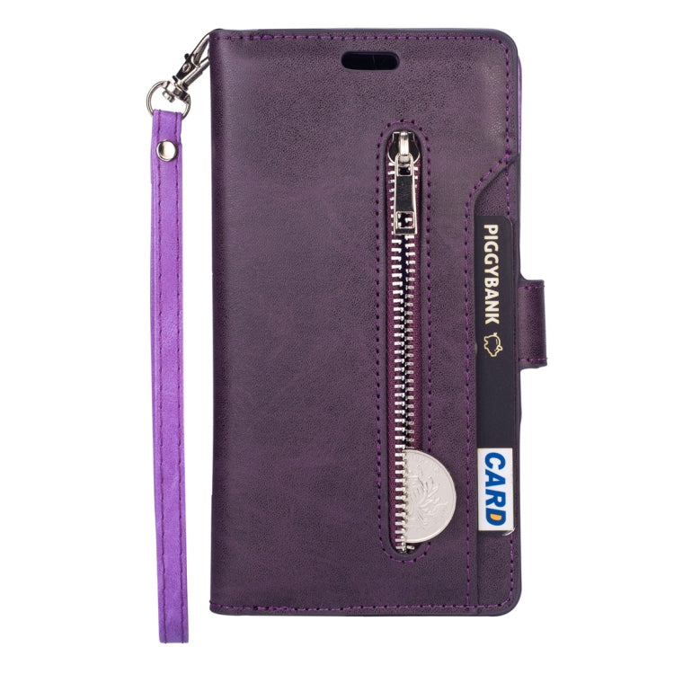 Multifunctional Zipper Flip Leather Case for Samsung Galaxy A7 (2018) with 9 Card Slots & Lanyard - Purple