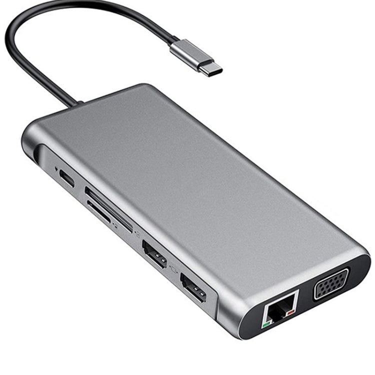12 in 1 HDMI x2 + USB3.0 + USB2.0 + PD Charging + VGA + RJ45 + 3.5mm Jack + TF/SD x2 Type-C / USB-C HUB Docking Station (Dark Grey)