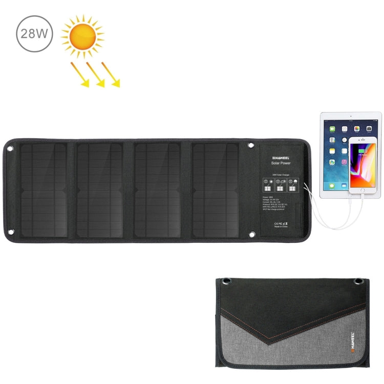 HAWEEL 28W Solar Panel Charger with Dual USB Ports - Rainproof and Portable for Outdoor Use
