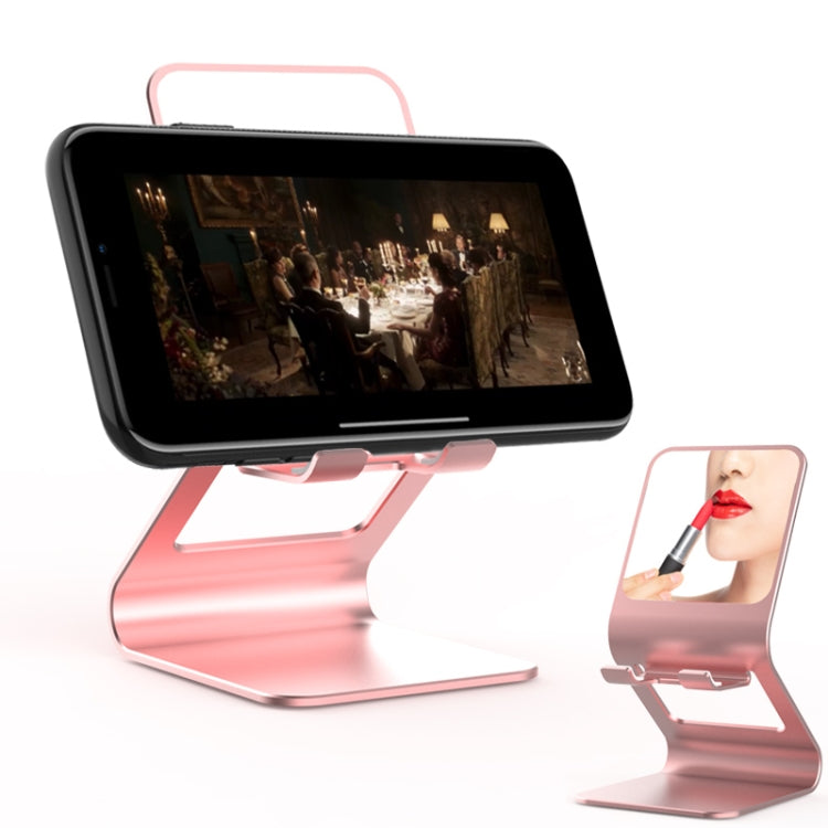 Multifunctional Metal Desktop Stand with Makeup Mirror for Mobile Phones and Tablets (Pink)