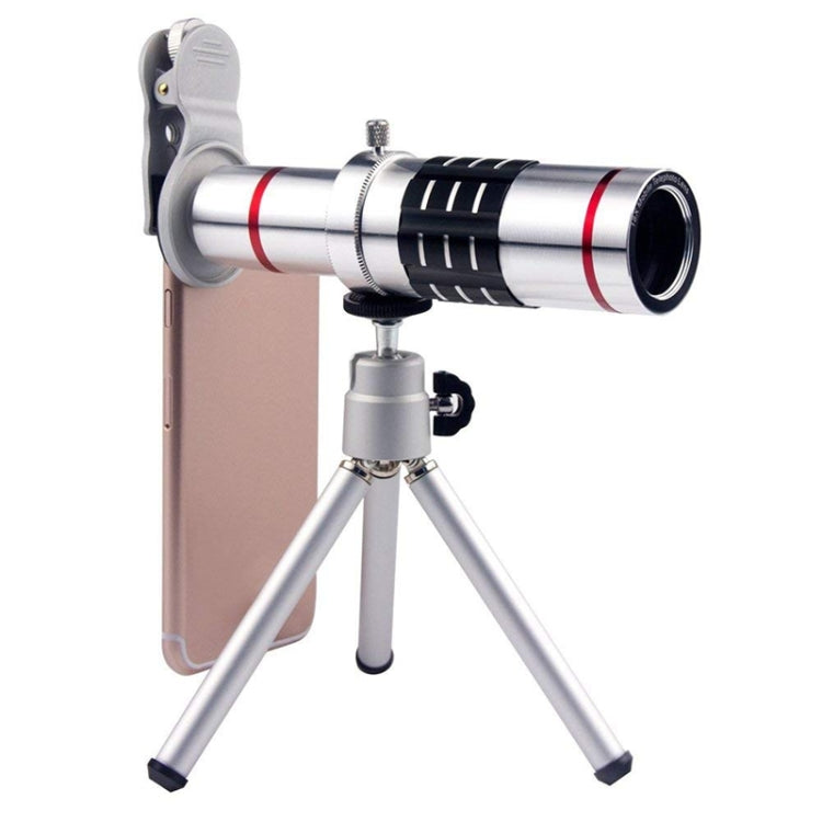 Universal 18X Zoom Telescope Telephoto Camera Lens with Tripod Mount & Mobile Phone Clip for Smartphones - Silver