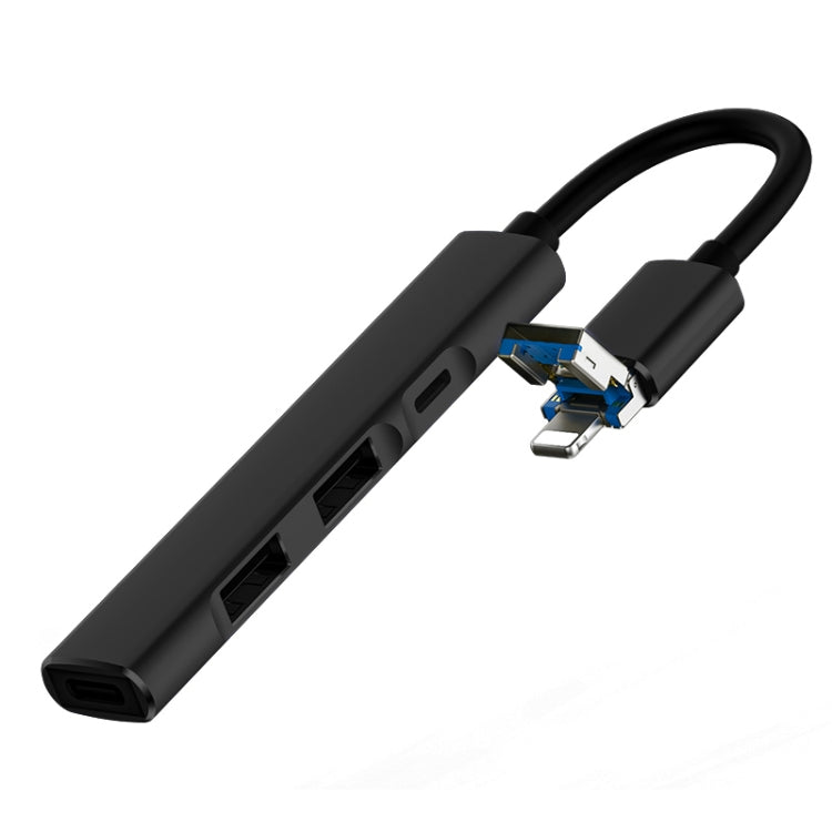 4 in 1 Multifunctional Docking Station HUB with 8 Pin/USB to Type-C/2 USB/8 Pin Ports (Black)