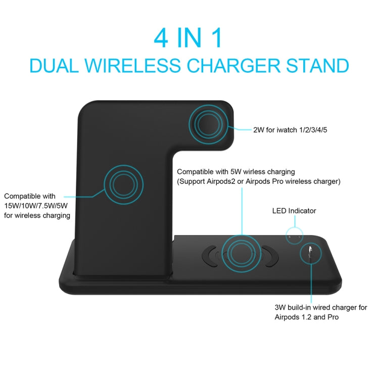 Q20 4 In 1 Wireless Charger Charging Stand for iPhone, Apple Watch, AirPods, and Dual Phones - Black