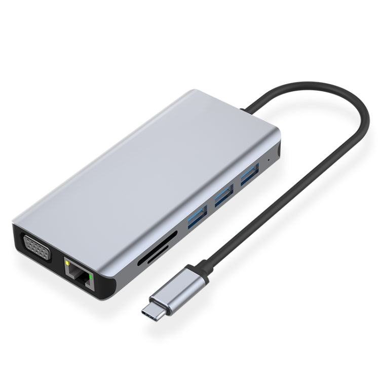 12-in-1 Type-C HUB Adapter with RJ45, 100W PD, SD/TF, USB3.0x5, HDMI, VGA, and 3.5mm AUX