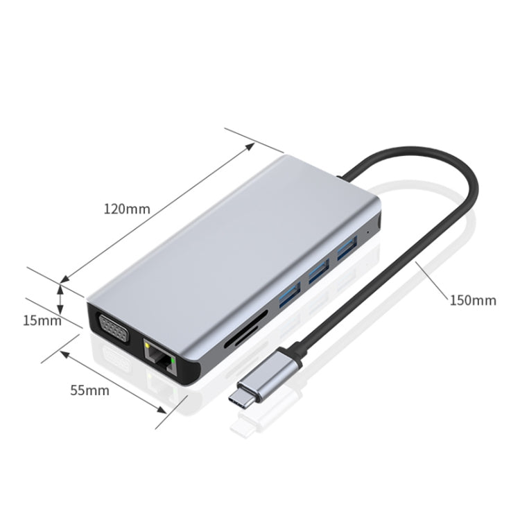 12-in-1 Type-C HUB Adapter with RJ45, 100W PD, SD/TF, USB3.0x5, HDMI, VGA, and 3.5mm AUX