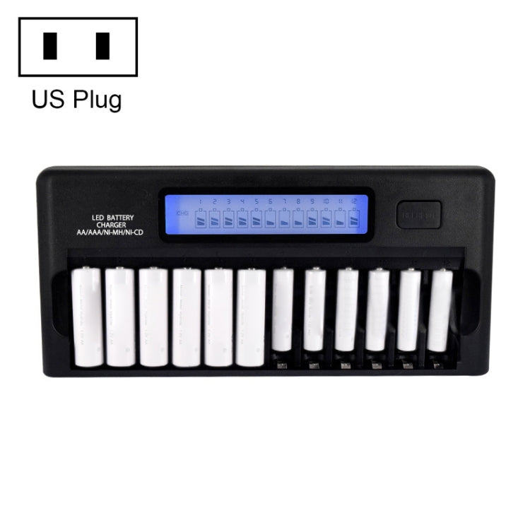 12-Slot Battery Charger with LCD Display and US Plug