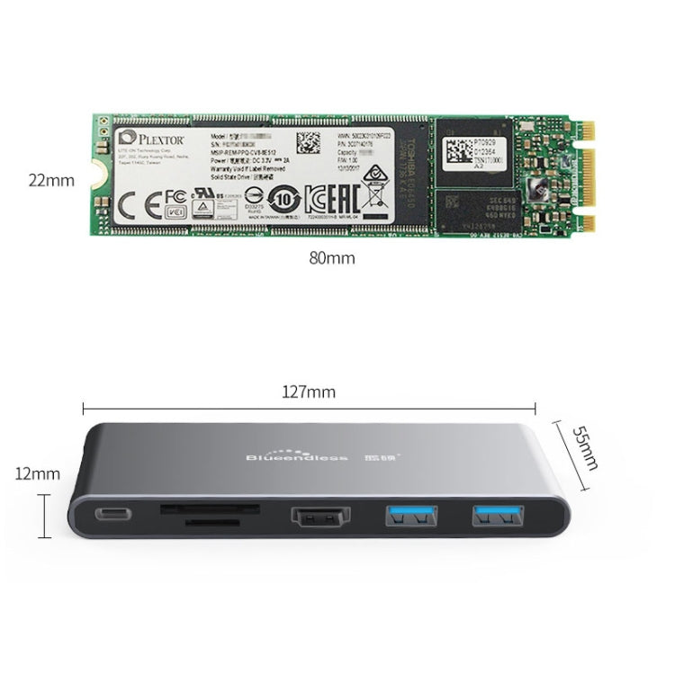 Blueendless 6-In-1 Multi-Function Type-C Dock with M.2 NGFF Solid State Drive
