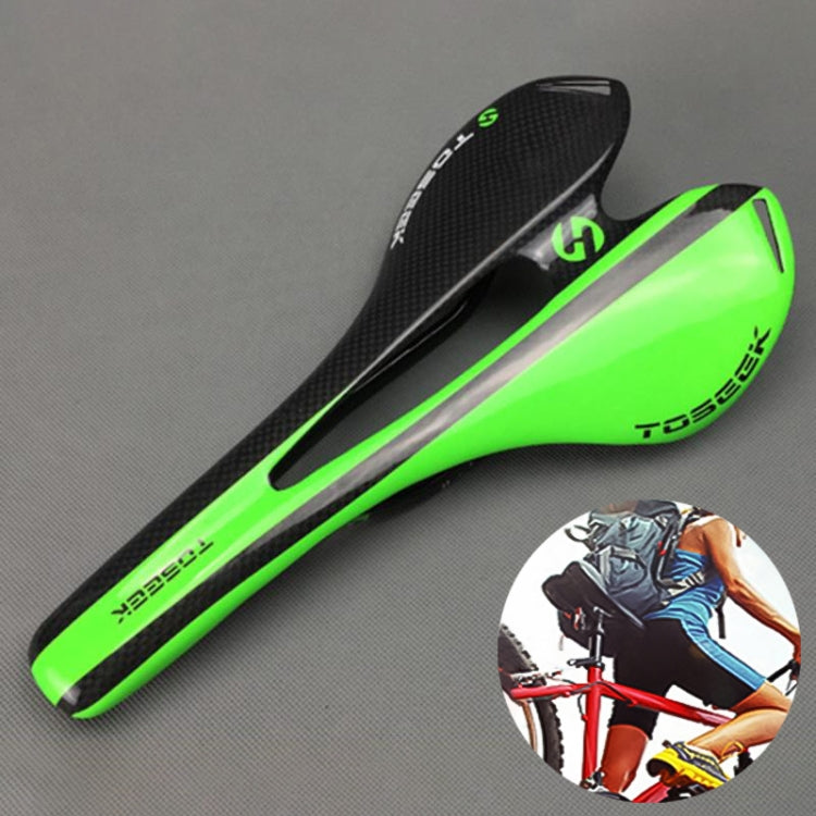 TOSEEK Road Bike Carbon Fiber Hollow Saddle Seat, 3K Texture + Light (Green)