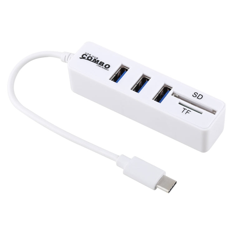 2-in-1 TF & SD Card Reader + 3 USB Ports to USB-C HUB Converter - 24cm Length (White)
