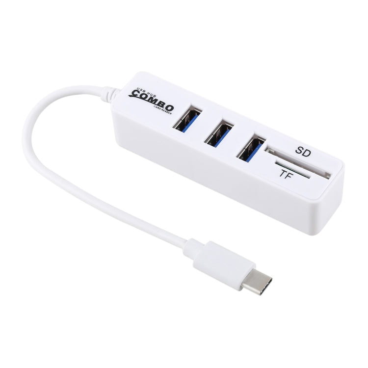 2-in-1 TF & SD Card Reader + 3 USB Ports to USB-C HUB Converter - 24cm Length (White)