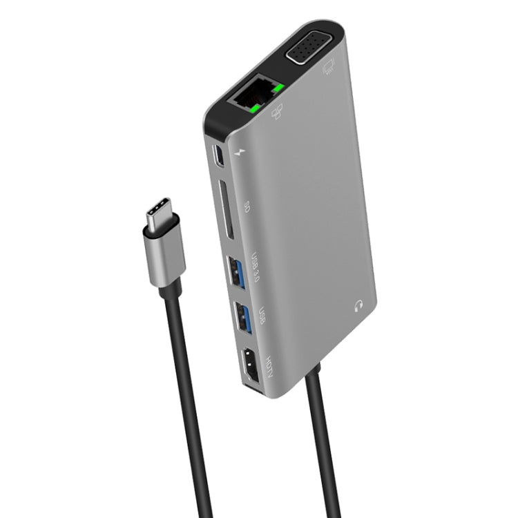 Onten 9591BD 8-in-1 USB-C Hub with PD Charging, Ethernet, USB 3.0, HDMI, VGA, SD Card Slot, and 3.5mm AUX (Grey)