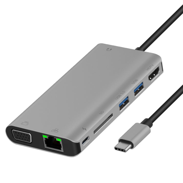 Onten 9591BD 8-in-1 USB-C Hub with PD Charging, Ethernet, USB 3.0, HDMI, VGA, SD Card Slot, and 3.5mm AUX (Grey)