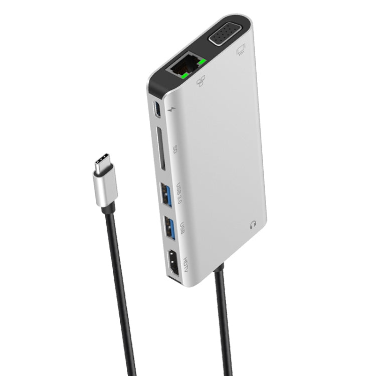 Onten 9591BD 8 in 1 USB-C Hub with Ports for Charging, Ethernet, HDMI, VGA, SD Card Slot, and 3.5mm AUX (Silver)