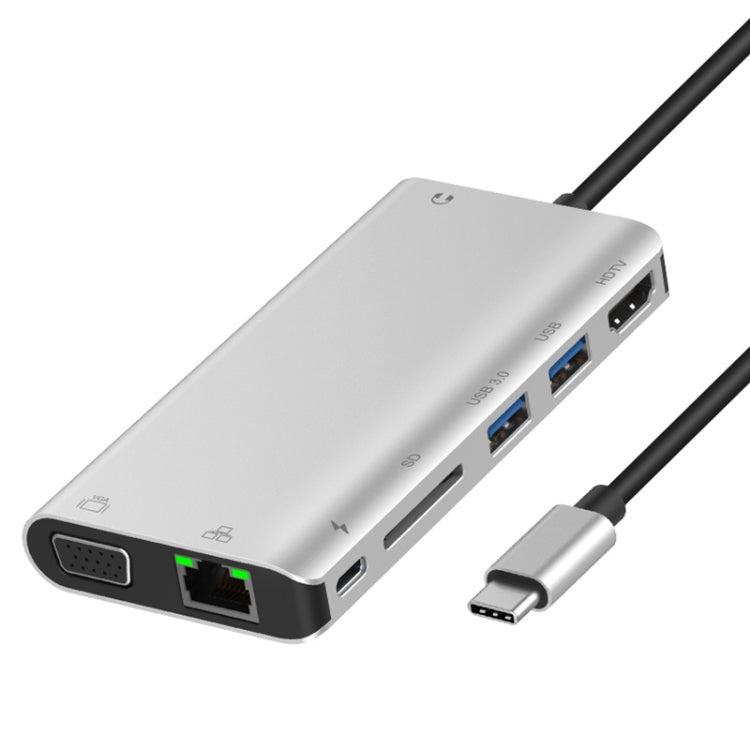 Onten 9591BD 8 in 1 USB-C Hub with Ports for Charging, Ethernet, HDMI, VGA, SD Card Slot, and 3.5mm AUX (Silver)