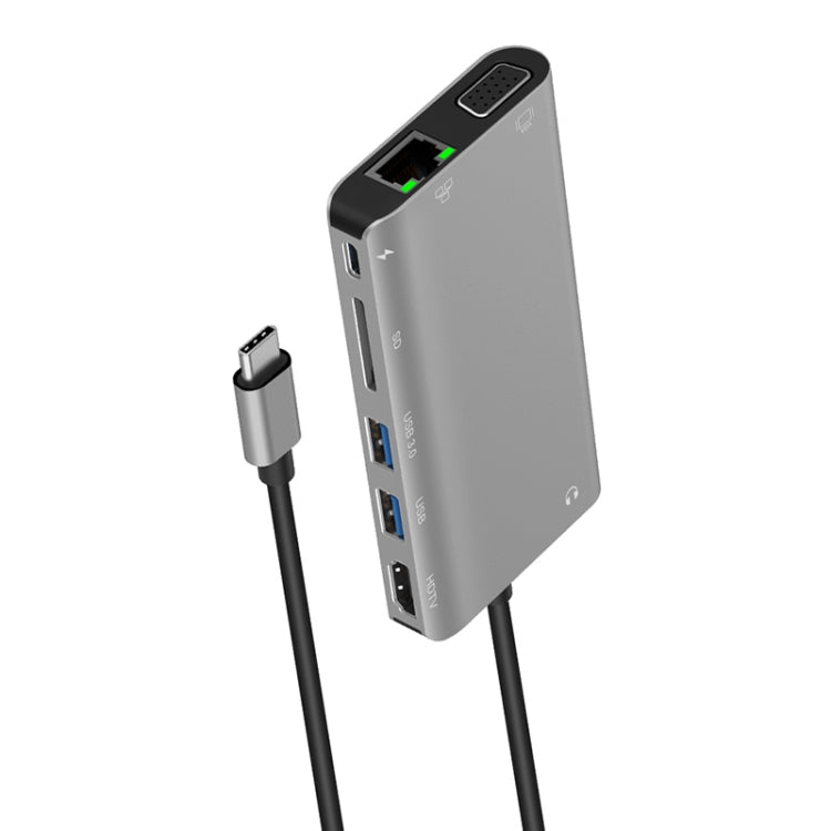 Onten 9591BD 8-in-1 USB-C Hub with 100M Ethernet, Dual USB 3.0, HDMI, VGA, SD Card Slot, and 3.5mm AUX (Grey)