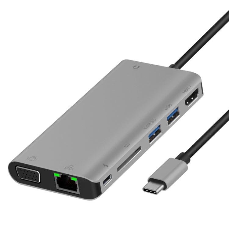 Onten 9591BD 8-in-1 USB-C Hub with 100M Ethernet, Dual USB 3.0, HDMI, VGA, SD Card Slot, and 3.5mm AUX (Grey)