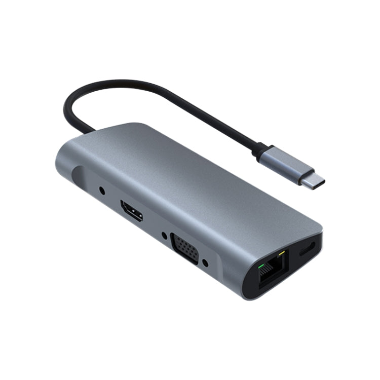 9 in 1 USB-C Hub Adapter with 4K HDMI, VGA, PD, SD/TF, 2 USB 3.0, RJ45, and Audio Interfaces