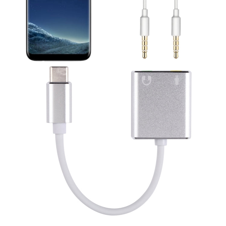 Silver USB-C to 3.5mm Earphone Microphone Sound Card Adapter